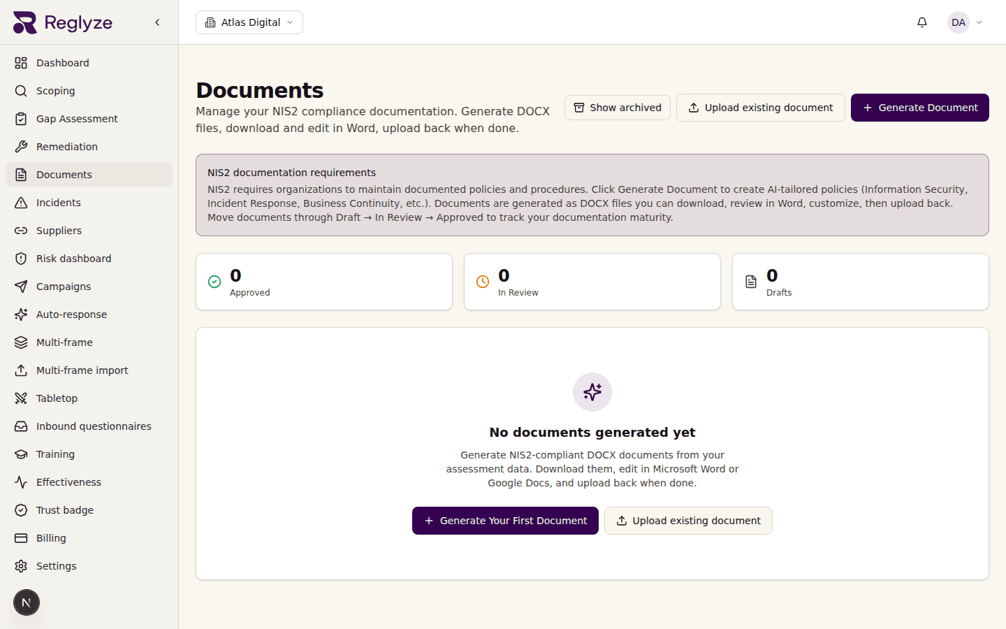 L'area documenti — genera, rivedi e monitora le policy NIS2 da Bozza → In revisione → Approvato