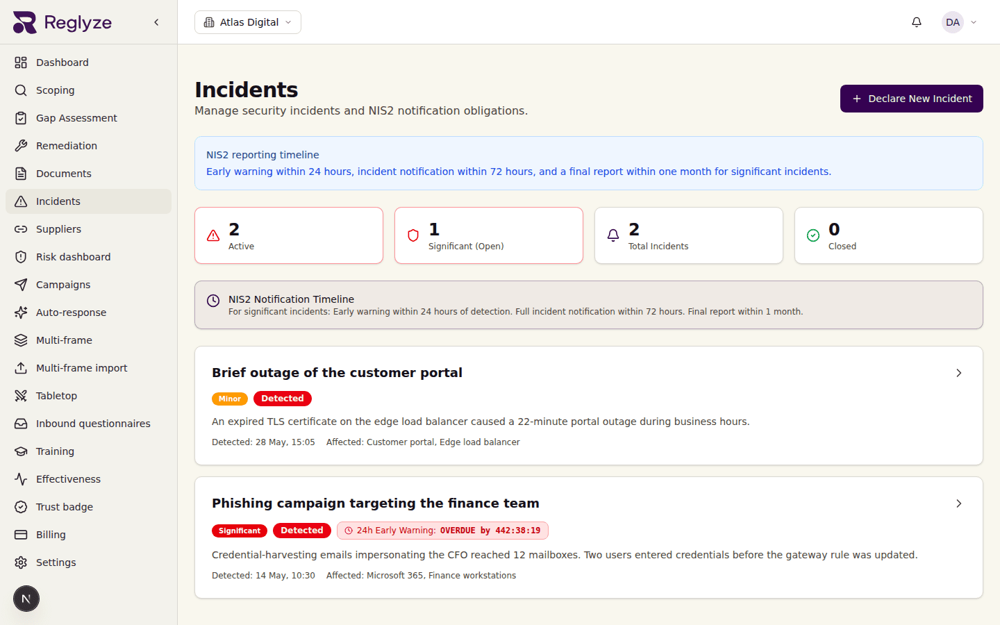 The incident register — severity, the Article 23 reporting timeline, and a live early-warning countdown