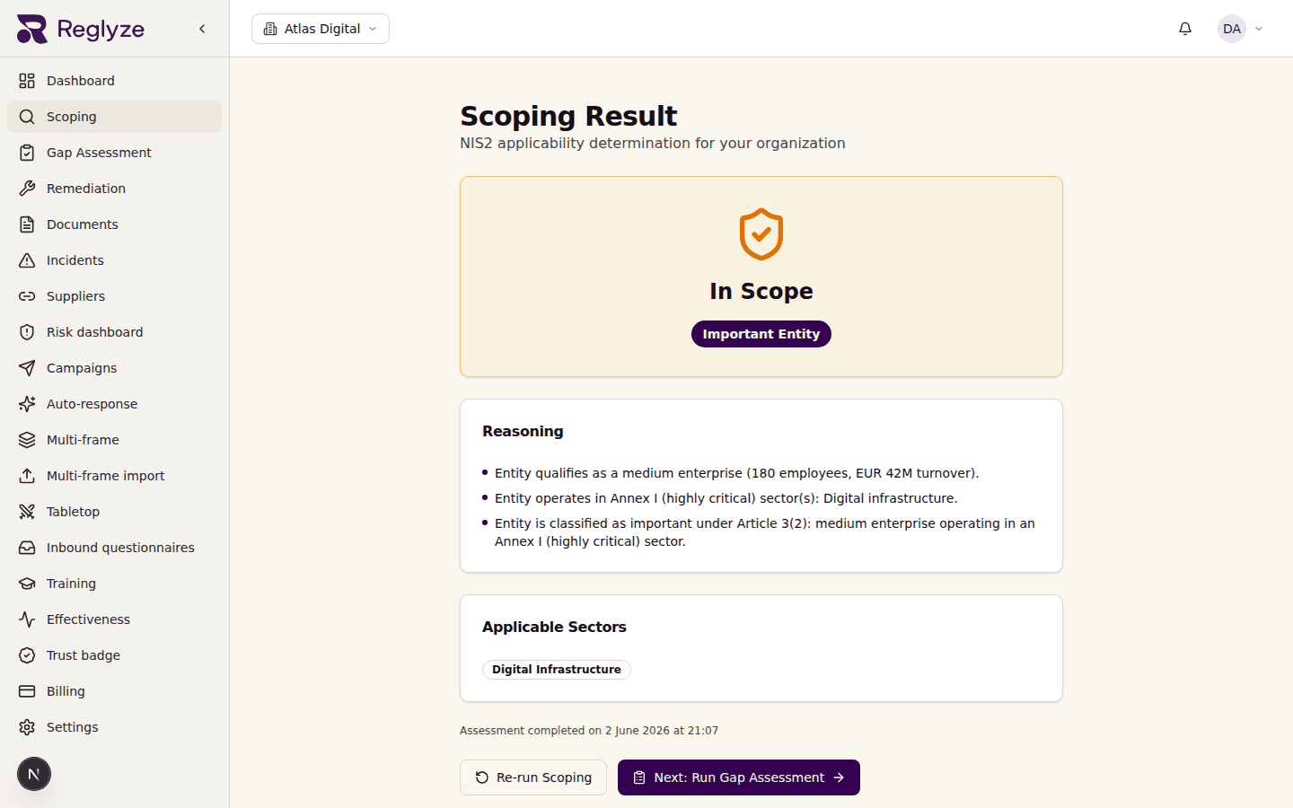 A NIS2 scoping result — in scope as an important entity, with the reasoning and applicable sectors