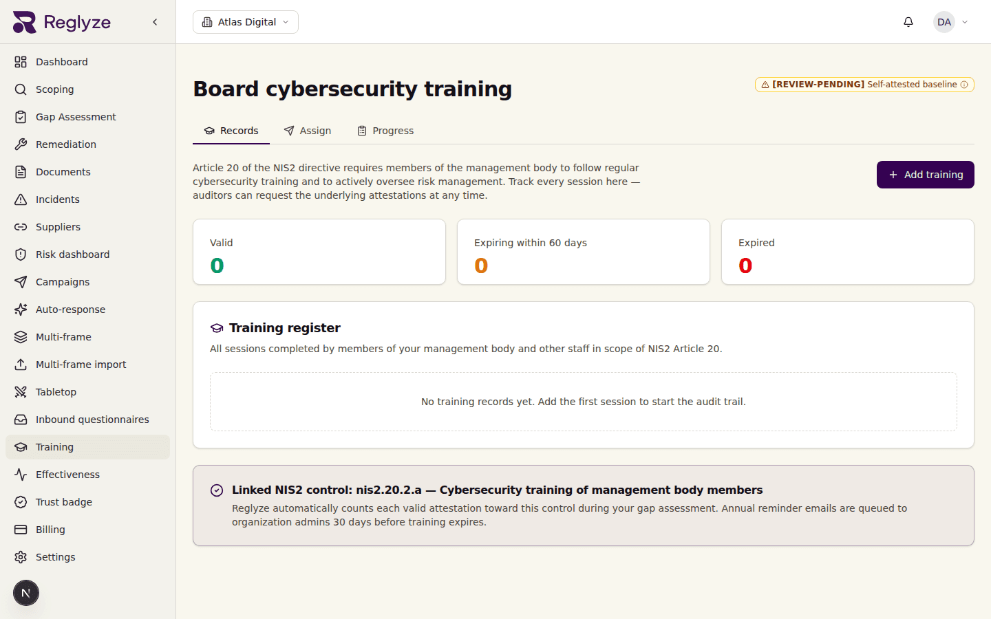 The board cybersecurity training register — valid, expiring, and expired attestations linked to NIS2 Article 20