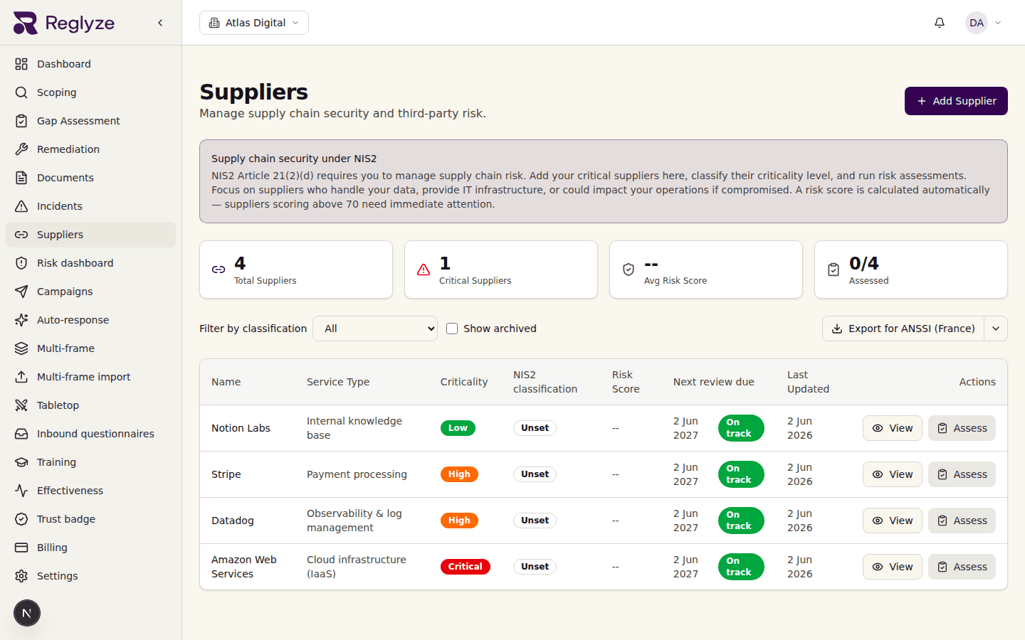 The supplier register — each vendor classified by criticality with risk scores and review dates